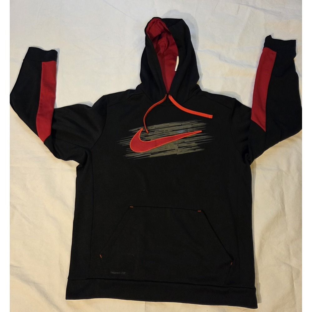 Nike Therma-FIT Hoodie Mens XL Black Red Pullover Sweatshirt Athletic Swoosh...